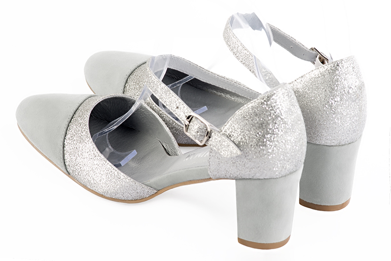 Pearl grey and light silver women's open side shoes, with an instep strap. Round toe. Medium block heels. Rear view - Florence KOOIJMAN